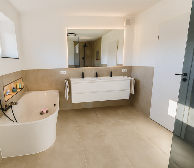 Einfamilienhaus-Bad mit 120x60 Fliesen, Dusche, Wanne und LED-Beleuchtung.