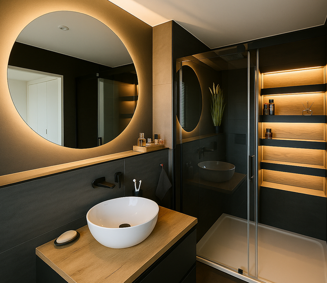 Premium-Bad im Black & Wood Style mit Dusche, Holzkonsole und schwarzen Armaturen.