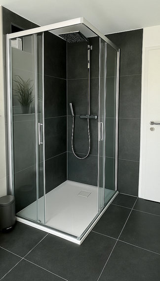 Modernes Bad mit Dusche, dunklen Fliesen, weißem WC und Waschbecken.