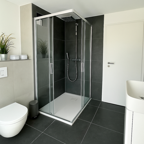Modernes Bad mit Dusche, dunklen Fliesen, weißem WC und Waschbecken.