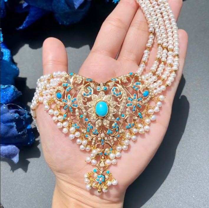 Thumbnail: Firoza Blue Jadau Choker Necklace Set with Earrings –Hyderabadi Pakistani Bridal