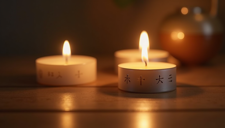 Close-up view of a glowing Reiki infused candle on a wooden table