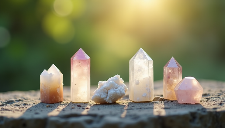 Eye-level view of Reiki infused crystals arranged on a natural stone surface