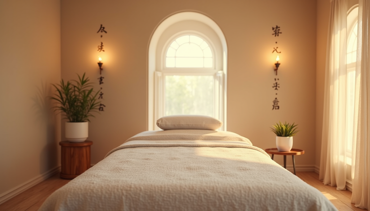 Eye-level view of a serene healing space with soft lighting and Reiki symbols