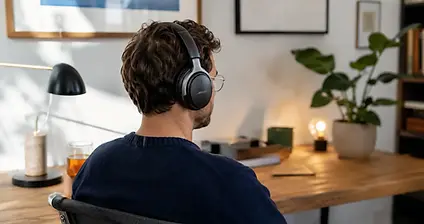 Noise-cancelling koptelefoon naast een bril op een houten tafel, comfort voor brildragers