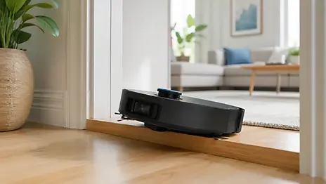 Dreame X50 Ultra Complete robotstofzuiger met dockingstation op een lichte houten vloer in een woonkamer