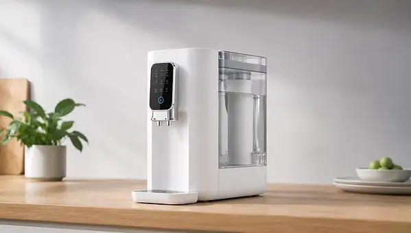 Hydrofast W100 countertop omgekeerde osmose filter op aanrecht met glas helder filtered water in moderne keuken