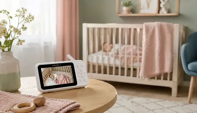 Modern Nederlandse babykamer met babyfoon op nachtkastje en verschillende modellen op een rij voor koopvergelijking