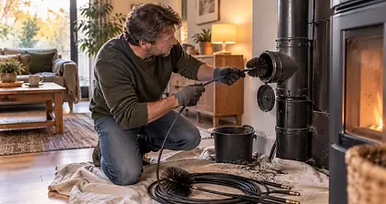 Flexibele veegset met nylon borstel van 80 mm bij het T-stuk van het rookkanaal achter een pelletkachel