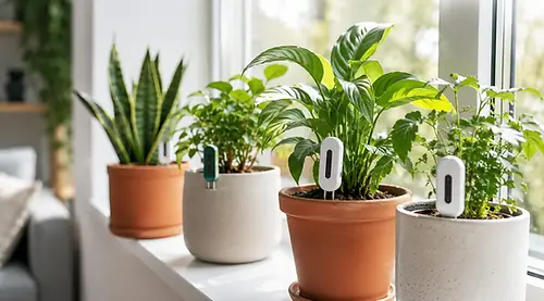 Verzameling slimme en analoge plantensensoren naast kamerplanten op een lichte vensterbank