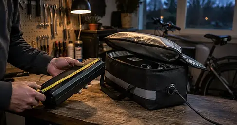 Iemand meet een e-bike accu naast een openliggende brandwerende accutas op een werkbank