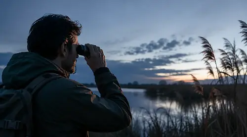 Natuurliefhebber met warmtebeeldkijker aan de bosrand in de schemering tijdens het wildspotten