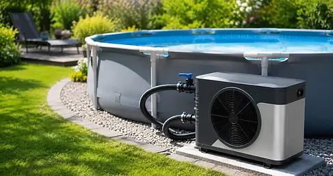 Mini warmtepomp naast een Intex opzetzwembad in een zonnige tuin met aansluitslang