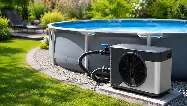 AquaForte 70SP Full Inverter warmtepomp naast een groot zwembad in de tuin