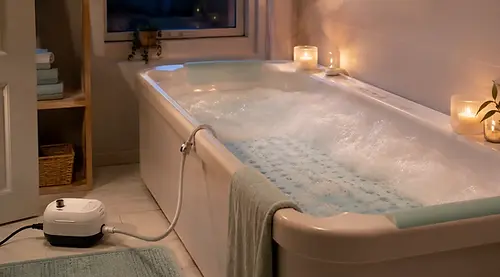 Bubbelbadmat met luchtslang, compressor en afstandsbediening naast een gevulde badkuip in een badkamer