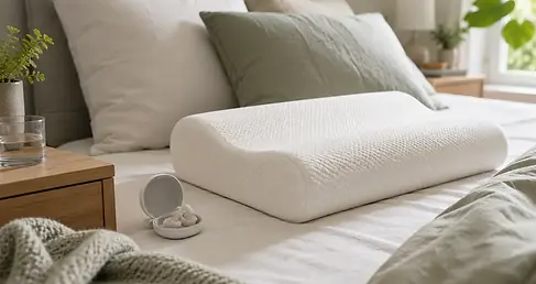 Slaap-oordopjes naast een memory-foam hoofdkussen op een opgemaakt bed in een lichte slaapkamer