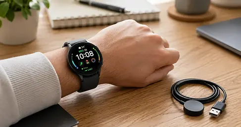 Smartwatch met AMOLED-scherm op een pols naast een ongebruikte oplaadkabel op een bureau