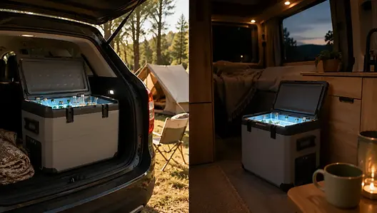 Dometic CK2 45 hybride koelbox van 43 liter in de leefruimte van een camper met open deksel
