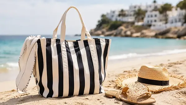 Pazzo Goods Strandtas Ibiza XL in zwart wit gestreept canvas-design op zandstrand met turquoise oceaan