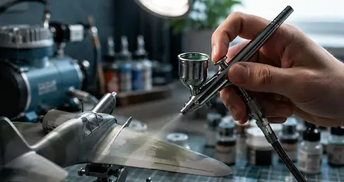 Double action airbrush met verschillende naaldmaten naast een schaalmodel op een werkbank