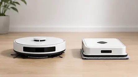 Twee verschillende robottypes naast elkaar op een lichte houten vloer in een Scandinavisch interieur, zacht daglicht.