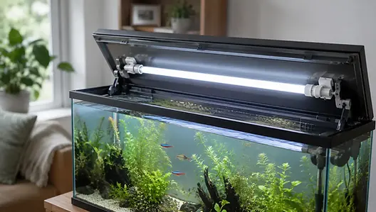 SuperFish Retro LED Combi buis van 45 cm gemonteerd in een bestaande aquarium lichtkap als vervanging voor een T8 buis
