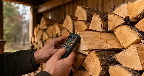 Persoon meet met een digitale vochtmeter het vochtpercentage van een gekloofd houtblok