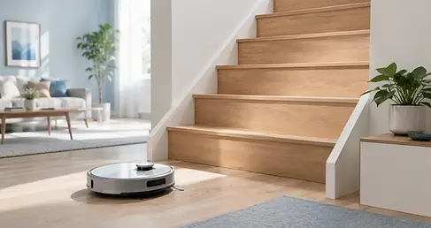 Modern Scandinavisch interieur met lichte houten trap en robotstofzuiger op de begane grond, zacht daglicht.