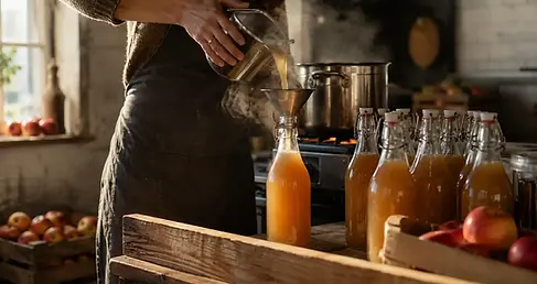 Glazen flessen met vers gepasteuriseerd appelsap naast een grote pan op het fornuis en kisten appels