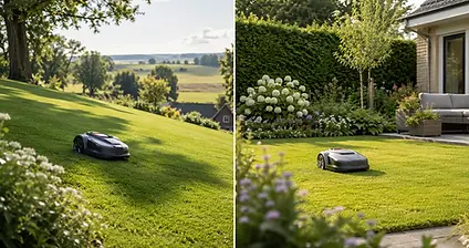 Twee robotmaaiers naast elkaar op een Nederlands gazon, vergelijking tussen een premium model en een gezinstuinmodel.