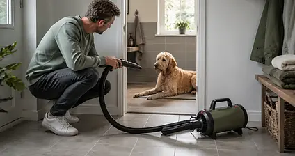 Waterblazer voor honden met geluidsdemper en mondstukken naast een rustig liggende hond in een bijkeuken