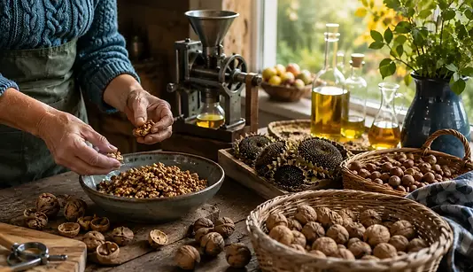 Schaaltjes met walnoten, hazelnoten, zonnebloempitten, lijnzaad en koolzaad naast een oliepers