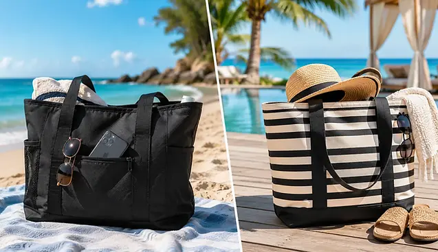 Twee XL strandtassen naast elkaar: Reisenthel Shopper polyester en Pazzo Goods Ibiza canvas op zandstrand