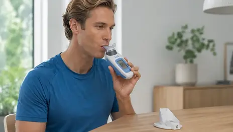 POWERbreathe K3 elektronische ademtrainer met mondstuk en LCD-scherm in een lichte ruimte