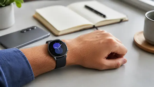 Samsung Galaxy Watch 8 met AMOLED-scherm op pols, modern desk-decor, cool blue tinten