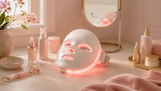 Flat-lay van LED-maskers voor het gezicht in roze-coral palette op vanity