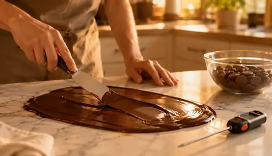 Gesmolten pure chocolade die glanzend van een paletmes loopt op een marmeren werkblad met een digitale thermometer ernaast