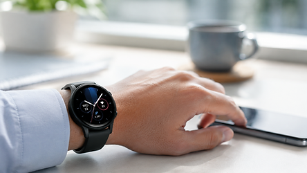 Smartwatch op pols naast smartphone, moderne minimalistische desk, cool blue en silver tinten