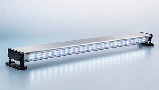 Juwel HeliaLux Spectrum 700 LED-balk gemonteerd boven een Juwel Rio plantenbak met groene aquatische planten