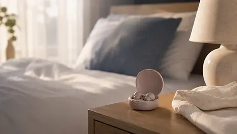 De Ozlo Sleepbuds liggen in hun oplaadcase op een zachte wit-linnen ondergrond in een rustige slaapkamer