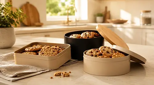 Ronde en rechthoekige koektrommels met koekjes op een keukenblad in een lichte keuken