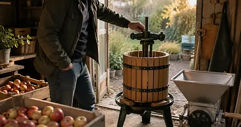 Houten korfpers met metalen spindel naast kisten appels en een fruitmolen in een schuur, klaar om te persen