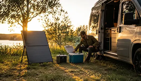 Compressor koelbox aangesloten op een draagbaar powerstation met een zonnepaneel ernaast op een camping