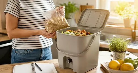 Bokashi emmer met zak zemelen en een rekenmachine op een keukentafel met keukenafval