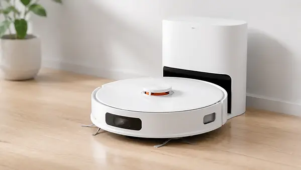 Roborock Q7 Max+ robotstofzuiger met leegstation review en beoordeling op een lichte houten vloer