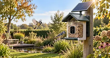 Vogelvoederhuisje met camera op een paal in een tuin met vrije aanvliegroute en zonlicht op het zonnepaneel