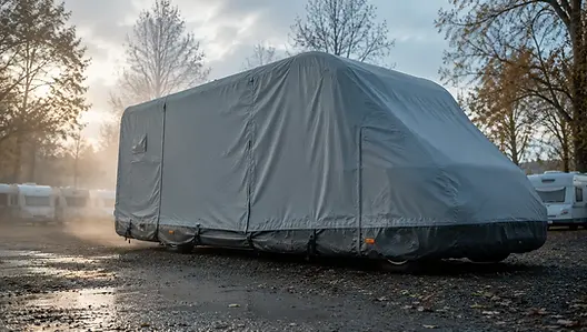Donkergrijze Brunner pasvormhoes met reflecterende band over een Ducato buscamper