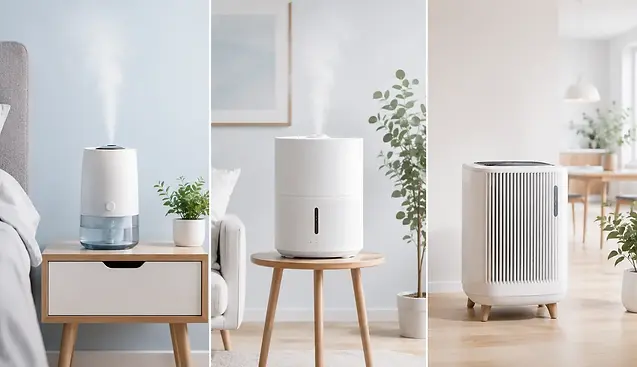 Lichte Scandinavische woonkamer met meerdere luchtbevochtigers en kamerplanten, daglicht door raam
