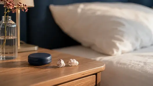Loop Dream slaap-oordoppen naast hun ronde draagdoosje op een wit linnen oppervlak in een rustige slaapkamer bij dageraad