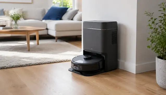 Robotstofzuiger met automatisch leegstation in een moderne woonkamer met lichte houten vloer